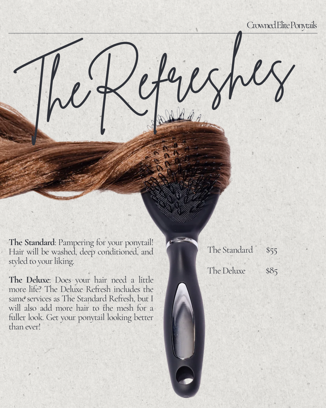 Crowned Elite Refreshes service menu showing The Standard for $55 and The Deluxe for $85